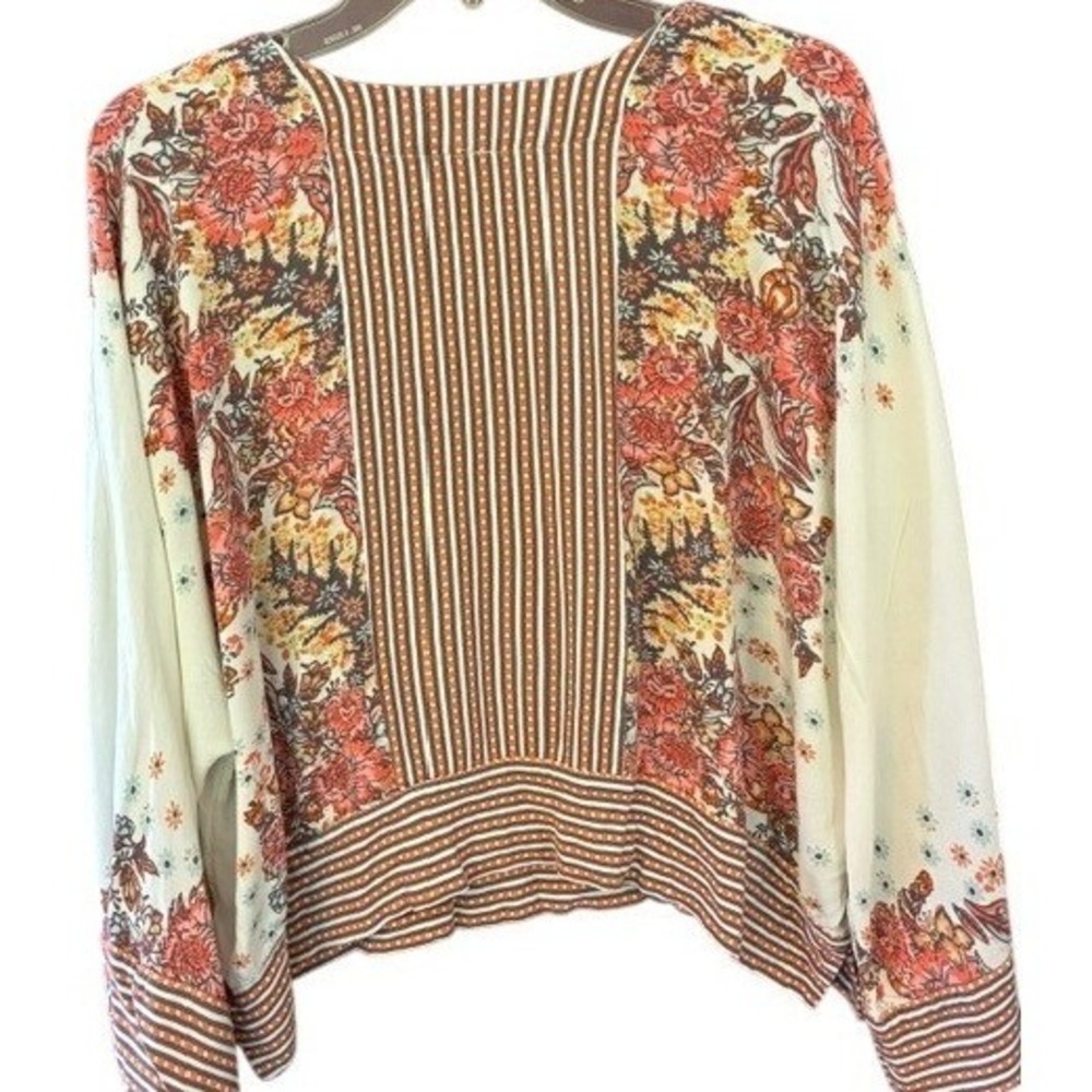 Free People Mixed Print Blouse Womens Large Orange Floral Striped V-Neck Cropped - Picture 2 of 6